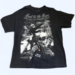Ride or Die Bad to Bone Motorcycle Biker Black Graphic AOP Tee Tshirt Y2K DGA David Gonzales Skull Skeletons Baggy Oversize Sz XL - measurement in pics thumbnail 1