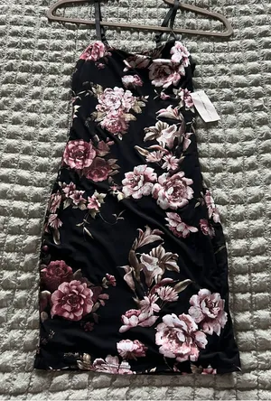 Mystique Boutique Black Mini Dress with Pink Floral Print thumbnail 1