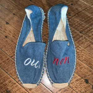 Soludos denim blue embroidered Oui Non raffia slip on shoes thumbnail 2