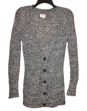 American Eagle Cotton Button Front Cardigan‎ Heather Marled Black White Small thumbnail 1