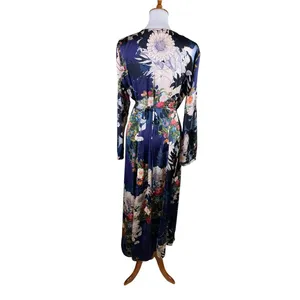 Lulus Navy Floral Long Sleeve Wrap Maxi Dress Romantic Wedding Guest L thumbnail 4