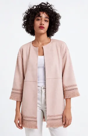 Zara Faux Suede Fringe Jacket Women M Blush Pink Open Front Boho Festival thumbnail 1