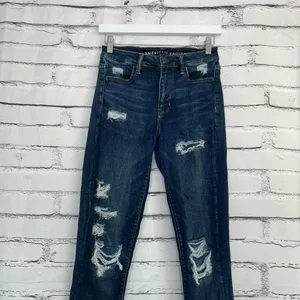 American Eagle Super Hi-Rise Jegging Women’s 4R Distressed Dark Wash Stretch Y2K thumbnail 6