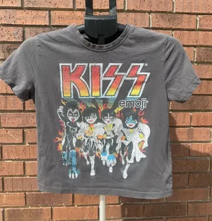 KISS x Emoji Graphic Rock Cropped T-Shirt Size Small Gene Simmons Paul Ace Gray thumbnail 1