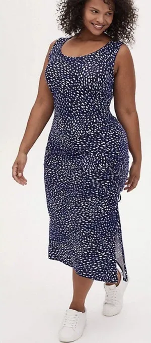 NWT Torrid Womens Plus Size 3X Super Soft Blue Ditsy Dot Drawstring Midi Dress thumbnail 1