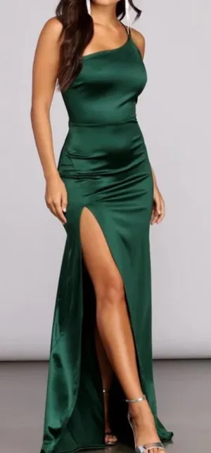Windsor Emerald Green One-Shoulder Satin Gown with High Slit thumbnail 1