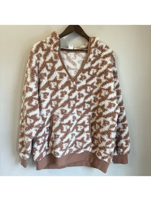 PINK Victoria's Secret Brown White Sherpa Fleece Pullover Hoodie V-Neck Large thumbnail 2
