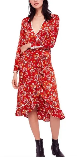 Free People Covent Garden Orange Rust Floral Ruffle Faux Wrap Midi Dress Size‎ 4 thumbnail 1