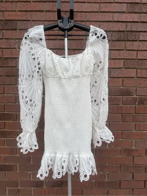 Pretty Little Thing White Lace Sleeve Shirred Bodycon Mini Dress Size 6 New NWT thumbnail 2