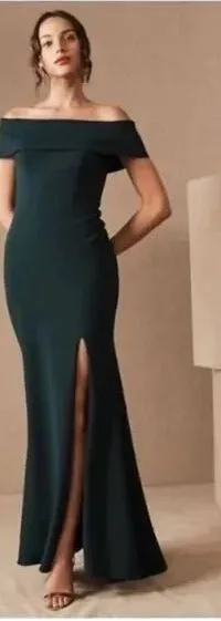 BHLDN Delice Off-the-Shoulder Crepe Long Maxi Dress Formal Gown Dark Green US 6 thumbnail 1