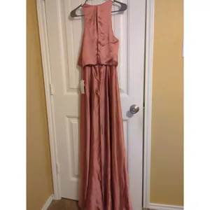 Revelry Wren Satin Fitted High Neck A-line Bridesmaid Dress 6 Desert Rose thumbnail 6