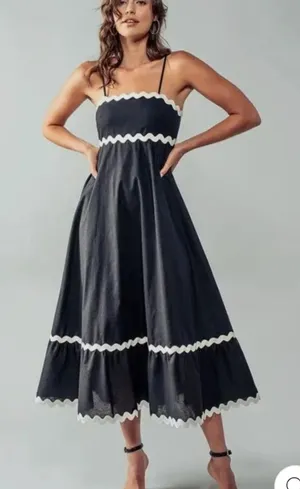 NEW SIM & SAM Linen Blend Navy w/White Trim Tiered Midi Dress M thumbnail 1