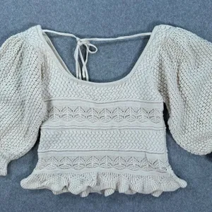 Lucy Paris Knit Puff Sleeve Blouse Women's XS Beige Ruffle Hem Tie Back Boho thumbnail 9