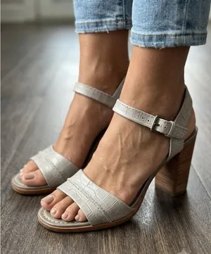 THE FRYE COMPANY Grey Croc Embossed Leather Block Heel Sandals | Size 6.5M thumbnail 1