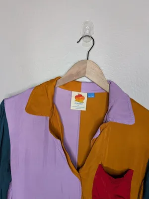 Farm Rio For Anthropologie Colorblock Button-Up Satin Shirt Size S thumbnail 2