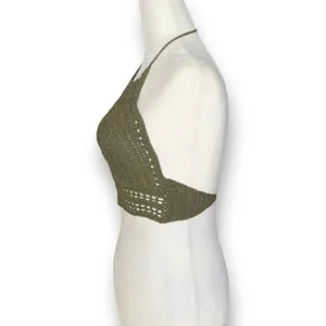 Charlotte Russe Crochet Knit Halter Olive Green Open Back Festival Crop Top‎ Small Forrest Fairy thumbnail 5