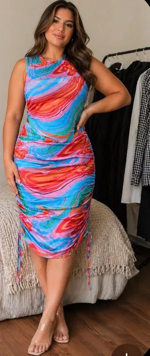 Vibrant Swirl Ruched Midi Dress in Multicolor Large Statement print thumbnail 1