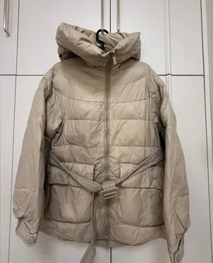 Women’s light brown beige puffer jacket with belt size small thumbnail 1
