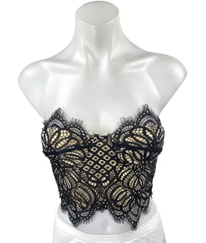 Superdown Black Cream Lace Floral Sleeveless Strapless Blouse Crop Top Size XXS thumbnail 1