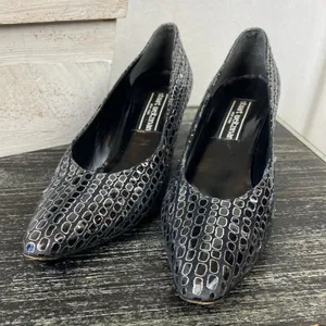 Stuart Weitzman Black & Silver Print Point Toe Pump Kitten Heel Shoes 7.5 thumbnail 3