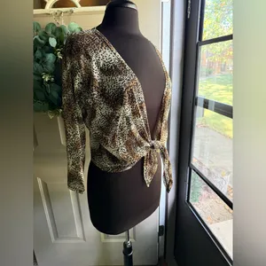 Vintage 90s August Silk mesh wrap tie animal print top, size large thumbnail 2