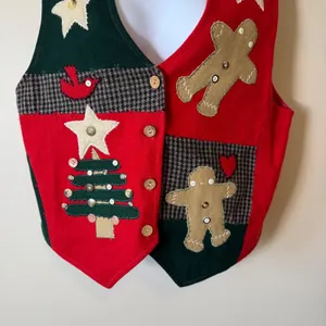 Keren Hart‎ Vintage Christmas Vest Patchwork Holiday Gingerbread Stars Women's L thumbnail 3