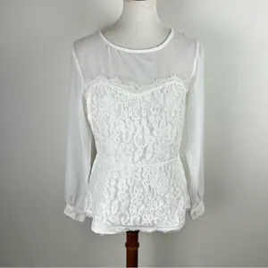 New York & Company White Lace Sheer Long Sleeve Blouse Small thumbnail 11