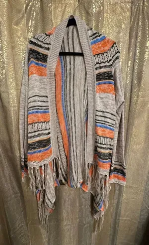 Umgee Striped Boho Fringe Hem Open Cardigan Tan Orange Black thumbnail 1
