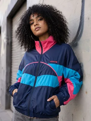 Vintage Adidas Windbreaker Jacket Navy Pink Teal Colorblock Trefoil Large thumbnail 1