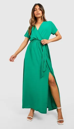 Boohoo Womens Dress Emerald Green Faux‎ Wrap Maxi Dress Short Sleeve NEW thumbnail 1