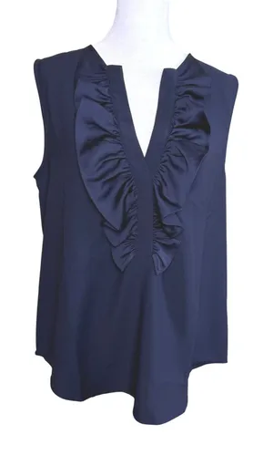 J. Crew Ruffle Front Blouse Women Small‎ Navy Blue Sleeveless V-Neck Office Wear thumbnail 1