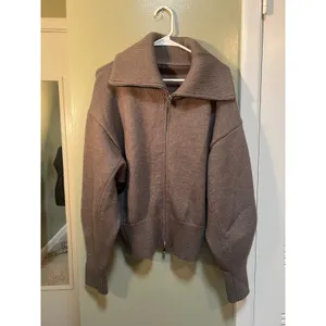 Women's Size Large Full Zip Cardigan Sweater Oversized Collar Cafe Brown Ribbed thumbnail 3