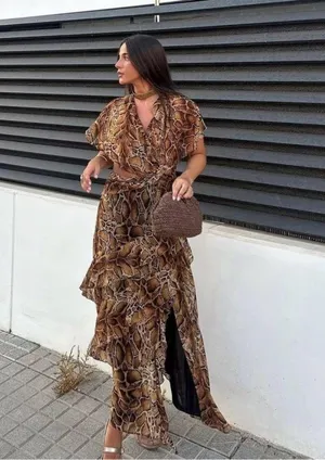 Zara maxi dress snake animal print mesh ruffled boho western casual summer thumbnail 4