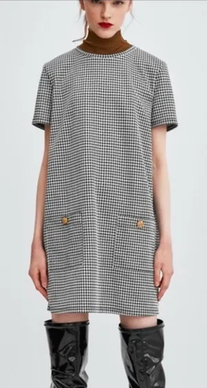 Zara Black and White Houndstooth Short Sleeves Front Pockets Sheath Dress thumbnail 1