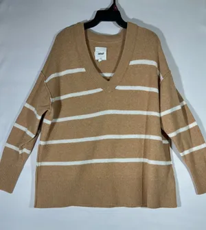 Aerie Oversized Sweater Women Sz M‎ Tan White Striped V Neck Relaxed Cozy Causal thumbnail 1