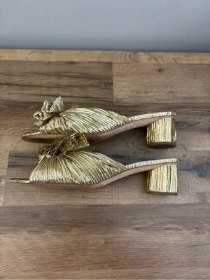 Loeffler Randall Penny Pleated Knotted Bow Heeled Mules Sandals Gold thumbnail 10
