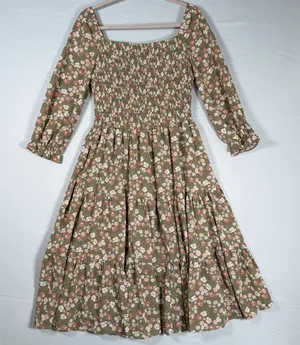 Baltic Born Size-L Womens Marta Midi Dress Floral 3/4‎ Sleeve Smocked Green thumbnail 1