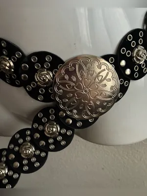 Vintage Wide Faux Leather Belt with Concho Discs Adjustable Roses Details thumbnail 3