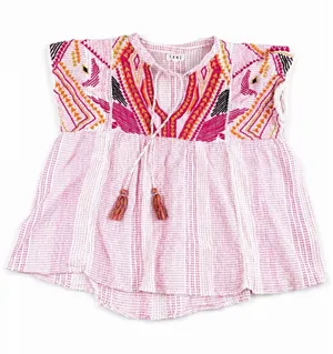 THML Embroidered Tassel Boho Peplum Top Pink Orange Geometric Blouse M thumbnail 1