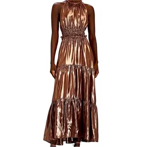A.L.C. Elara Metallic Silk Halter Maxi Dress Bitter Chocolate 14 wedding guest thumbnail 6