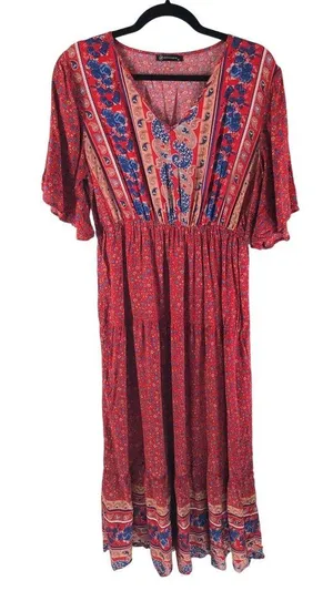 Pretty Garden Maxi Dress Prairie Ruffle Floral Cottagecore Romantic Red XL thumbnail 1