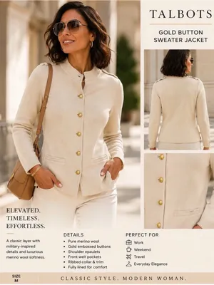 Talbots Pure Marino Wool Beige Crewneck Button-Front Cardigan thumbnail 9