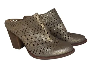 Steve Madden Women’s Gold Cutout Leather Mules Block Heel Size 6.5 thumbnail 1