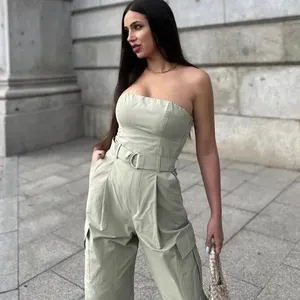 ZARA jumpsuit technical fabric cargo sleeveless wide streight leg light khaki thumbnail 3