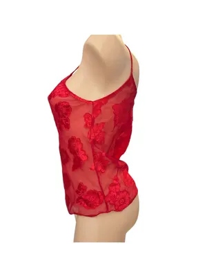 Vintage Elena Intimates Sheer Red Floral Embroidered Camisole Size Small thumbnail 2