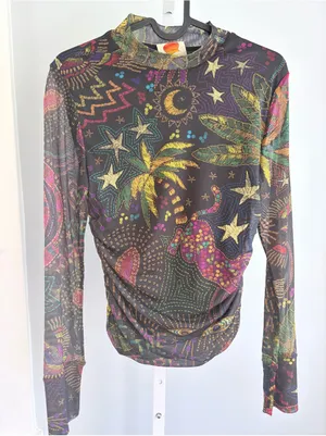 Farm Rio Amazonia Tulle Blouse Multicolor Sheer Mock Neck Size S thumbnail 2