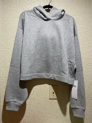 Alo NWT Bae Hoodie Athletic Heather Grey Cropped Pullover Sweatshirt Size L thumbnail 4