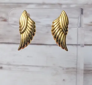 Vintage Clip On Earrings - Gold Tone Angel Wings 1.25" Statement thumbnail 1
