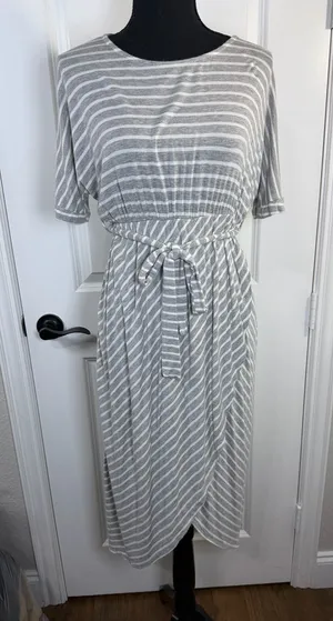PinkBlush Grey Striped Tie Waist Tulip Hem Maternity Dress Size L thumbnail 1