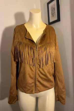 Me Jane Size Medium Women’s Faux Suede Fringe Jacket Brown Western Boho Zip thumbnail 1